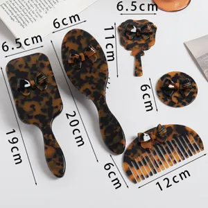 Tortoise shell acetate hair brush mirror and comb set with cute bows, portable daily beauty tools.