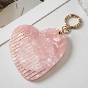 Cute heart shaped acetate comb keychain portable mini hair comb sweet pink aesthetic bag charm