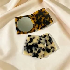 French vintage acetate pocket makeup mirror, square folding portable cosmetic mirror