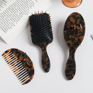Tortoise shell acetate hair brush set with cute bow design, portable daily styling hair comb tools