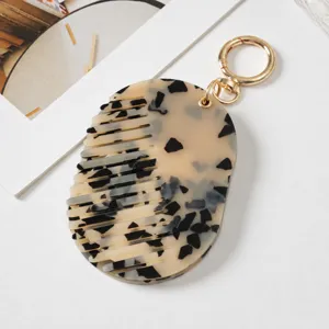 Portable tortoise shell acetate comb keychain cute mini pocket hairbrush with gold ring pendant