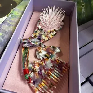 Luxury acetate hair brush and comb set with tassel, elegant gift box packaging for daily use.