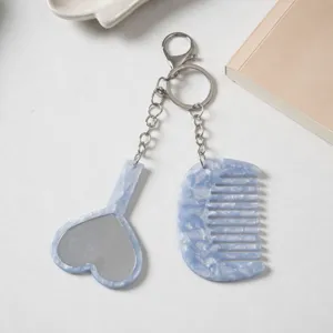 Blue acetate heart mirror and comb keychain set, cute girlish bag charm accessory for daily.