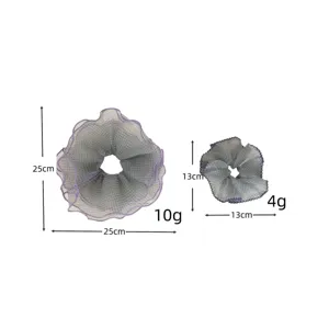 Polka dot mesh hair scrunchie size details, large and small double layer ruffled hair styling.