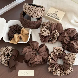 Retro brown leopard print fabric hair scrunchies and headband with cute bow accessories