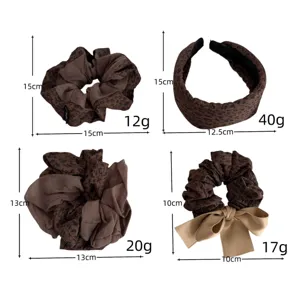 Retro brown leopard print hair scrunchies and headband set with elegant bow design.