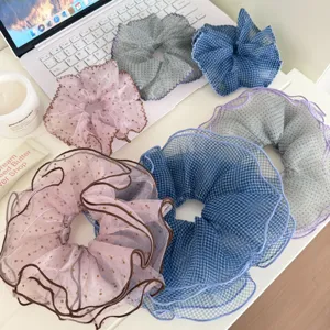 Korean style mesh scrunchies with ruffles, soft and elegant hair accessories for daily wear.