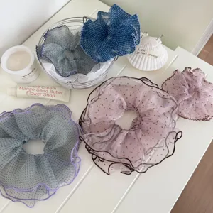 Korean style polka dot mesh hair scrunchies double layer ruffled hair ties cute accessories