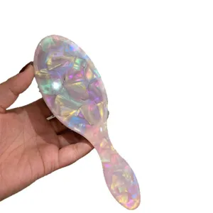 Spazzola per capelli rosa in acetato olografico, spazzola da massaggio antistatica portatile.