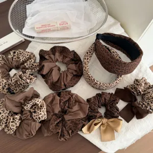 Retro Leopard Print Fabric Scrunchies Hair Bows Brown Headband Elegant Hair Accessories For Women