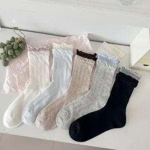 Women ruffle top mid-calf socks breathable mesh cotton casual slouch socks spring summer
