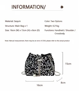 Stylish sequin bucket bag for women, chic chain shoulder bag and crossbody bag with compact size.