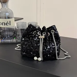 Black sequin bucket bag for women stylish sparkly chain shoulder bag evening party purse