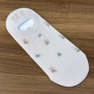 Pink floral mesh boat socks detail, breathable summer cotton invisible socks close up.