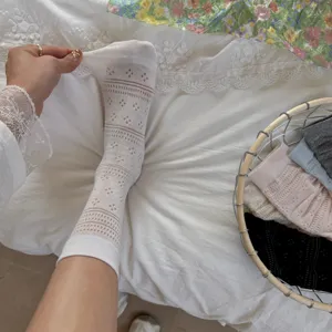 Detailansicht der weißen Damen Sommer Mesh Loch Baumwollsocken mit filigranen Punktmustern.