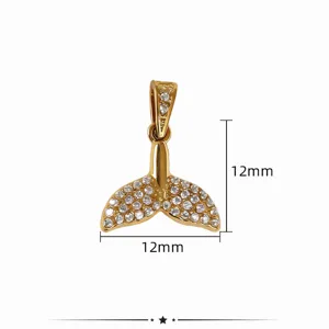 Gold whale tail pendant with clear rhinestones, 12mm size DIY jewelry making accessory.