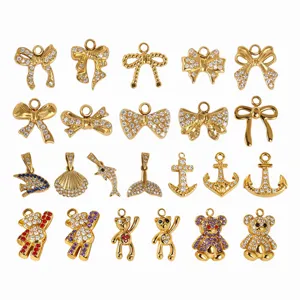 Stainless Steel Rhinestone Bowknot Bear Anchor Shell Pendant Charms For DIY Necklace Bracelet Jewelry Making Accessories