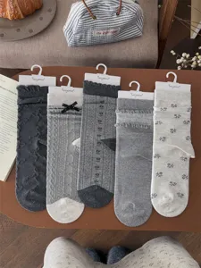 Cute grey floral women vintage mid tube socks cozy cotton stacked crew socks autumn winter.