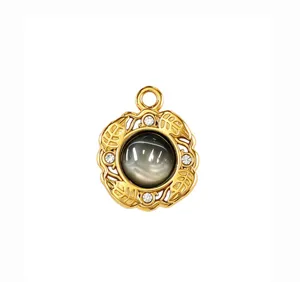 French retro gold cat's eye pendant with rhinestone leaf design for DIY necklace jewelry.