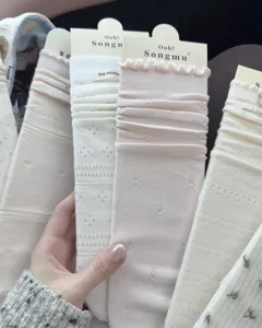 Detaillierte Nahaufnahme koreanischer Lolita Rüschen-Wadenstrümpfe mit zarten Mustern.