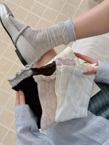 Women breathable thin cotton mid-calf socks spring summer ruffles mesh casual cute hosiery