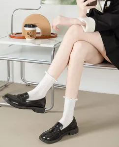 Detailed shot of white lace ruffle socks paired with classic black loafers, stylish look.