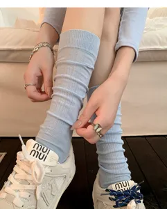 Women summer thin breathable mesh ballet style light blue calf socks, casual slouch socks.