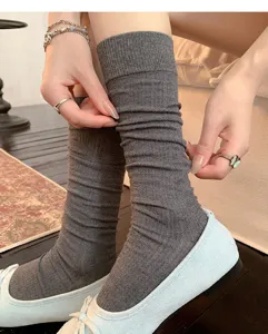 Grey slouch socks detail view, breathable knit fabric for comfortable daily wear and ballet style.