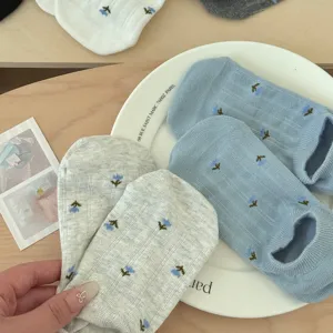 Detailed view of summer breathable floral low-cut socks with delicate cute blue flower pattern.