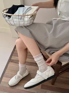 Detailed view of women thin mesh mid-calf socks breathable cotton slouch socks wearable style.