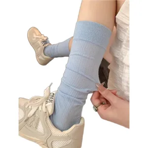 Light blue ballet style mesh calf socks for women, breathable summer cotton stack socks.