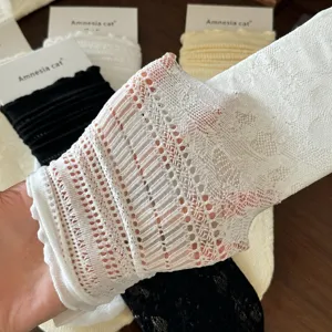White lace ruffle hollow mid tube socks summer thin breathable women cute stackable hosiery