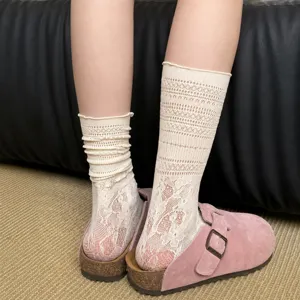 White lace slouch socks for women, mid-tube hollow floral design, perfect for spring and summer.