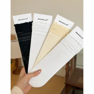 Women lace mid tube socks hollow out ruffled cute hosiery spring summer white black socks