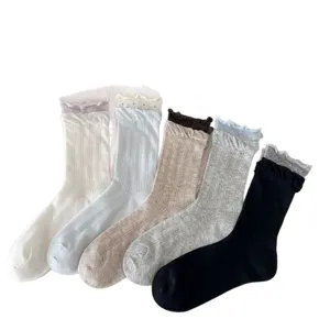Women cute ruffle trim mid-calf socks breathable cotton mesh socks casual daily wear