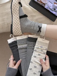 Women grey floral stacked socks sweet retro mid tube cotton socks autumn winter new