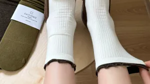 Women white mid-calf socks with dark brown lettuce trim cute ruffled cuffs casual hosiery