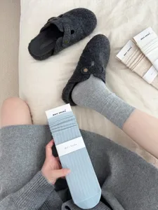 Korean style women ribbed slouch socks early autumn solid color cotton mid tube socks