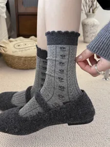 Comfortable grey floral mid-calf socks for women, vintage cotton knit cute crew socks.