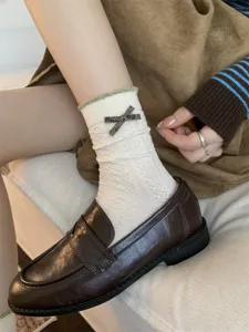 Koreaanse vintage stijl dames sokken met schattige strik en groene volant rand.