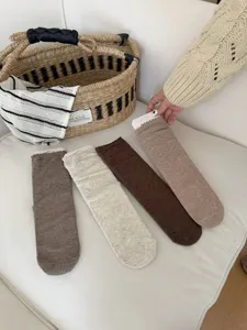 Vintage retro brown hollow mid-calf socks for women, Korean ins style cute ruffle knit socks.