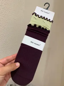 Korean style contrast lettuce edge mid tube slouch socks women casual ribbed cotton hosiery