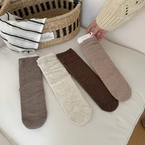Women's Retro Cotton Mid Tube Socks Hollow Out Diamond Lettuce Trim Korean Ins Style Casual Breathable Crew Socks