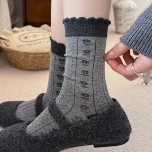 Vintage grey floral mid-tube cotton socks for women, cozy winter knit stack socks with cute cuffs.
