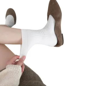 Korean style women solid white ribbed mid-tube socks versatile casual cotton socks footwear