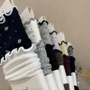 Korean style floral women socks cotton lettuce trim mid tube slouch socks multi color main image