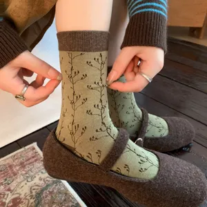 Retro botanische print halverwege kalf sokken voor vrouwen herfst winter warme casual stijl
