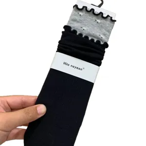 Korean style floral patchwork women socks, cotton ruffle mid tube socks for autumn daily wear.