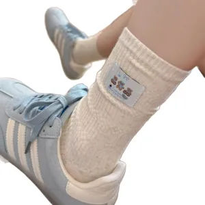 Calzini di cotone donna mezza altezza con etichetta orsetto, stile college coreano.