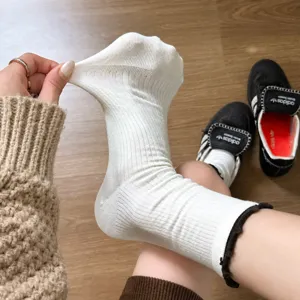 Womens Casual Combed Cotton MidCalf Socks Retro Solid Color Ruffle Trim Contrast Design Sweet Daily Socks